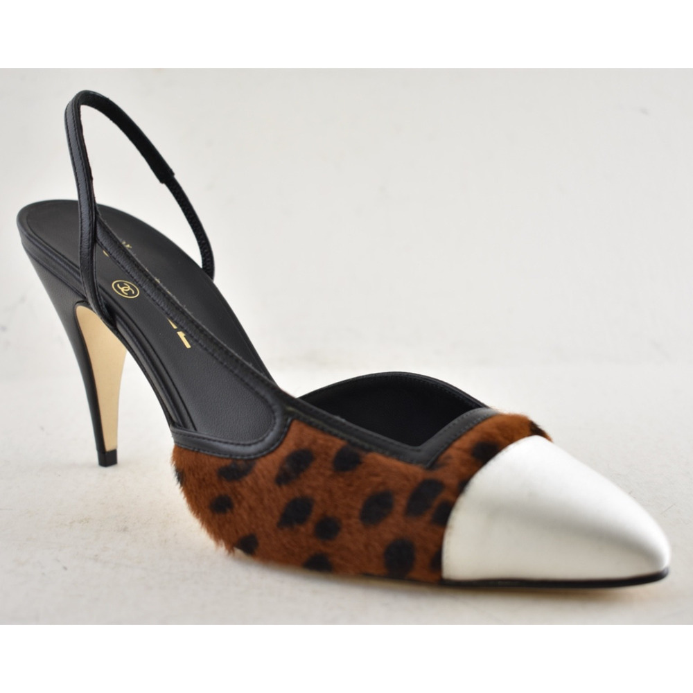 Chanel 26A Brown Leopard Black White Sling CC Gold Logo Slingback Heel Pump 37.5 - Picture 5 of 16